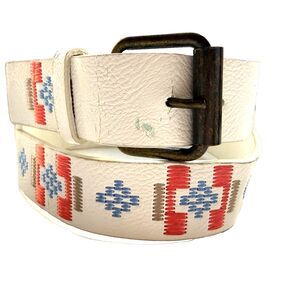 Southwestern Embroidered Womens White Belt Mayan Pattern Vinyl Size M 34 Peach
